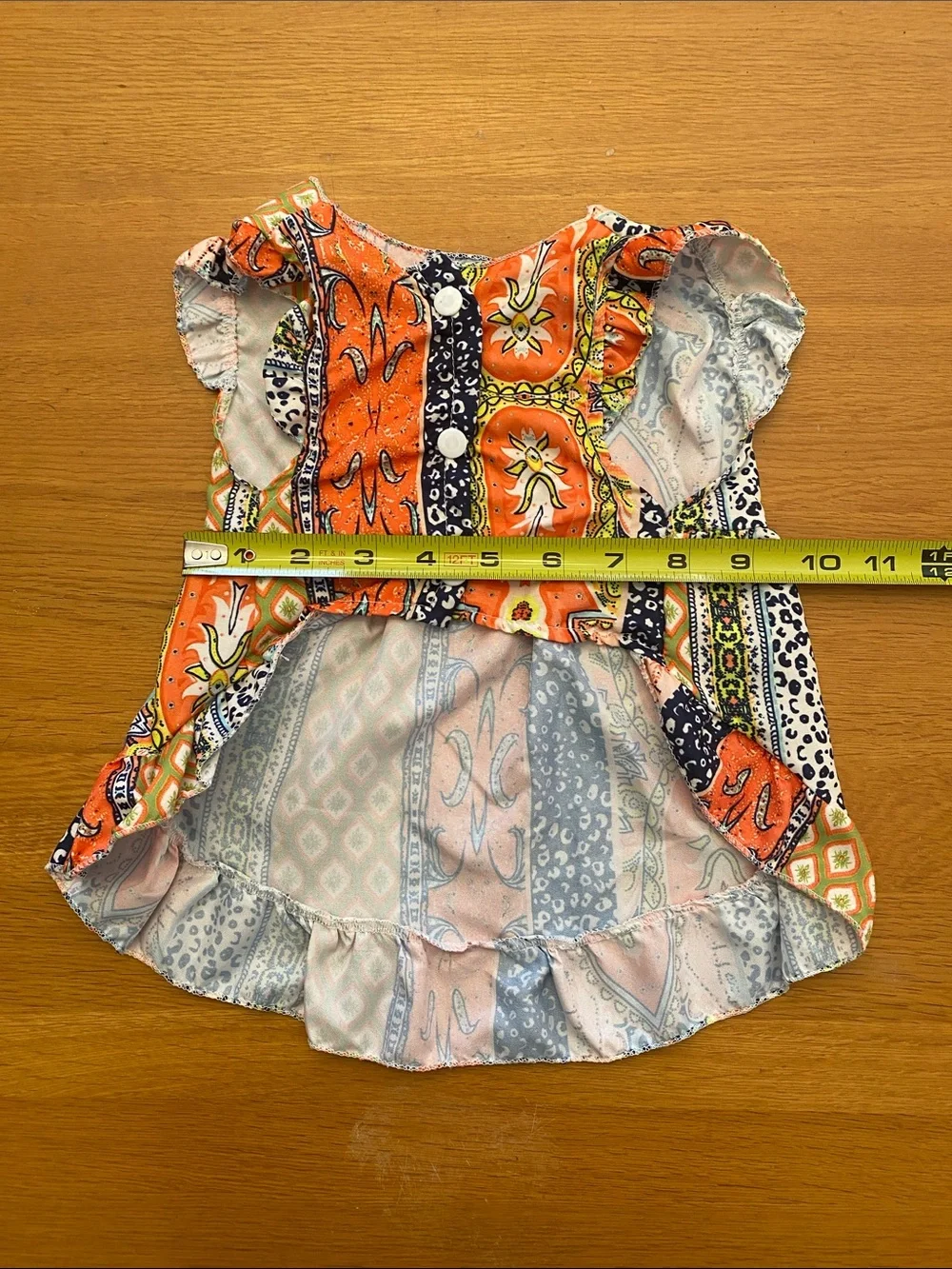 Patchwork Printed Ruffle-Hem Dog Dress in Orange, Navy & Cream